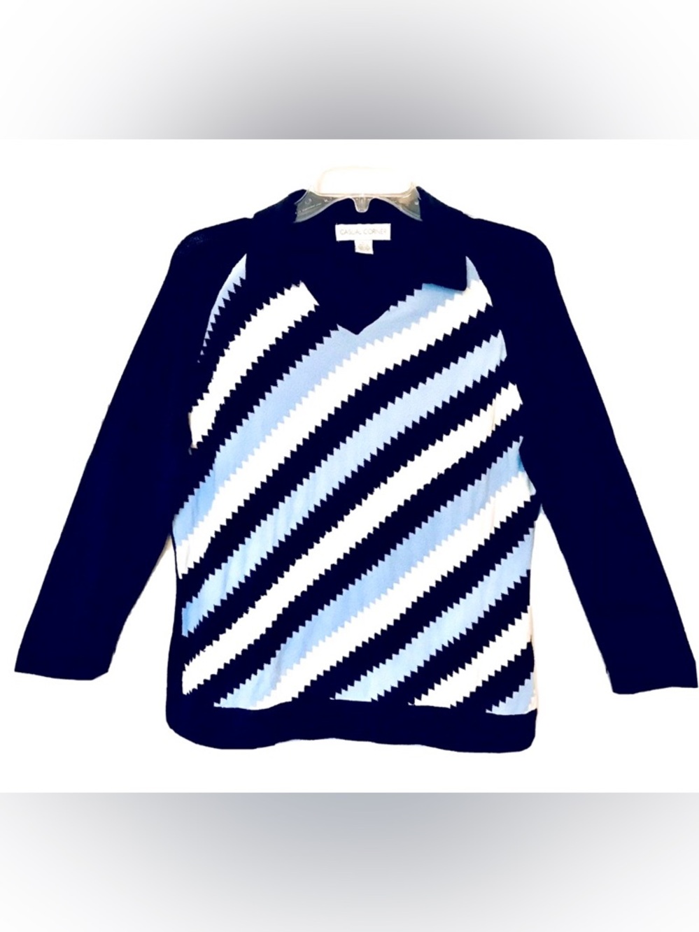 Casual Corner Womens XL Vintage 90’s Diagonal Stripe Collared V Neck Mod Sweater